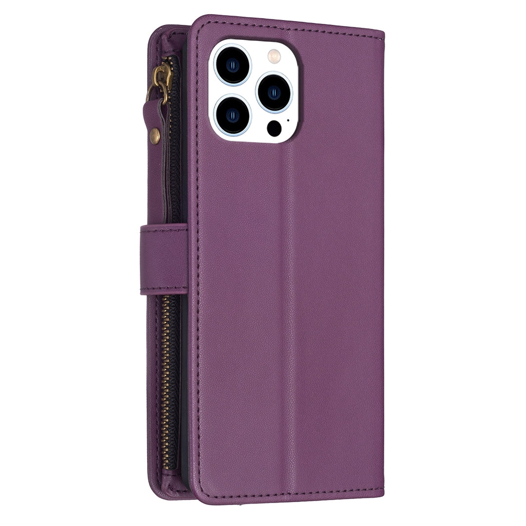 iPhone 15 Pro Leather Flip Phone Case with 9 Card Slots, Zipper Wallet & Detachable Wristlet Strap