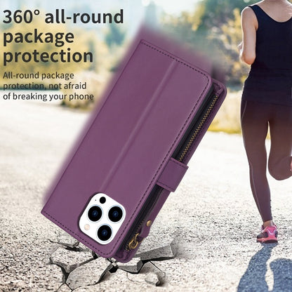 iPhone 15 Pro Leather Flip Phone Case with 9 Card Slots, Zipper Wallet & Detachable Wristlet Strap