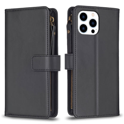 iPhone 15 Pro Leather Flip Phone Case with 9 Card Slots, Zipper Wallet & Detachable Wristlet Strap