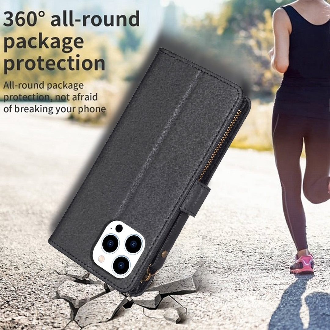 iPhone 15 Pro Leather Flip Phone Case with 9 Card Slots, Zipper Wallet & Detachable Wristlet Strap