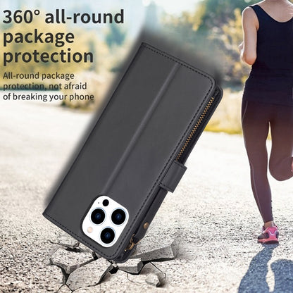 iPhone 15 Pro Leather Flip Phone Case with 9 Card Slots, Zipper Wallet & Detachable Wristlet Strap