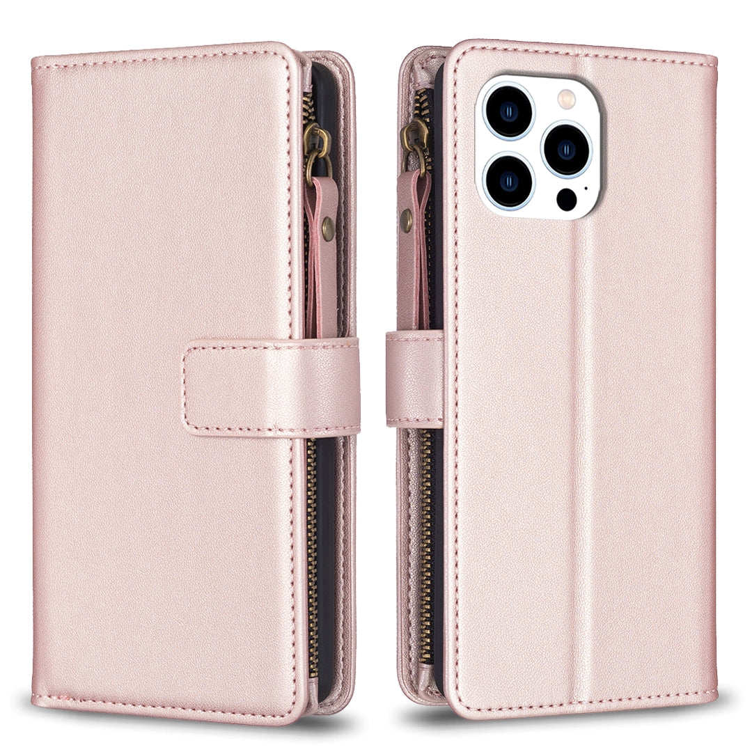iPhone 15 Pro Leather Flip Phone Case with 9 Card Slots, Zipper Wallet & Detachable Wristlet Strap