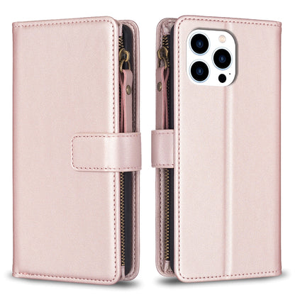 iPhone 15 Pro Leather Flip Phone Case with 9 Card Slots, Zipper Wallet & Detachable Wristlet Strap
