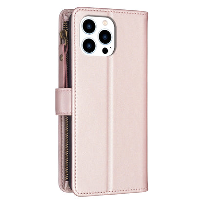 iPhone 15 Pro Leather Flip Phone Case with 9 Card Slots, Zipper Wallet & Detachable Wristlet Strap
