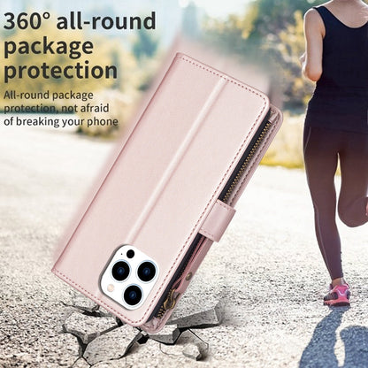 iPhone 15 Pro Leather Flip Phone Case with 9 Card Slots, Zipper Wallet & Detachable Wristlet Strap