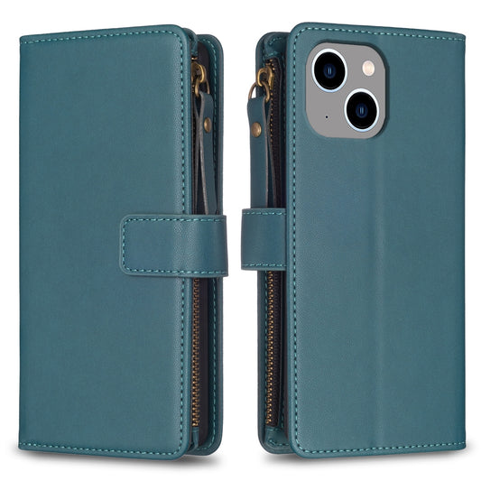iPhone 15 Plus Leather Flip Phone Case with 9 Card Slots, Zipper Wallet & Detachable Wristlet Strap