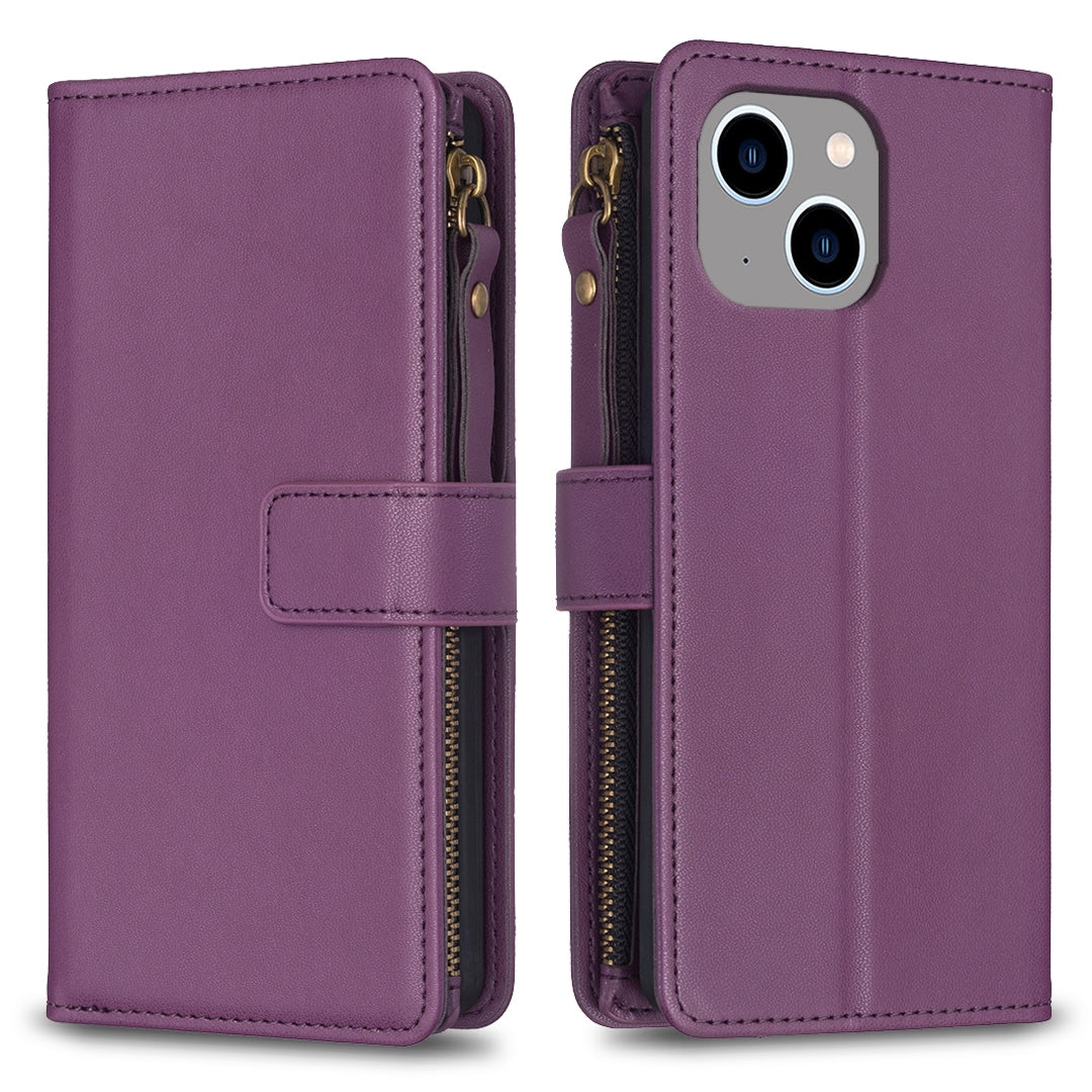 iPhone 15 Plus Leather Flip Phone Case with 9 Card Slots, Zipper Wallet & Detachable Wristlet Strap