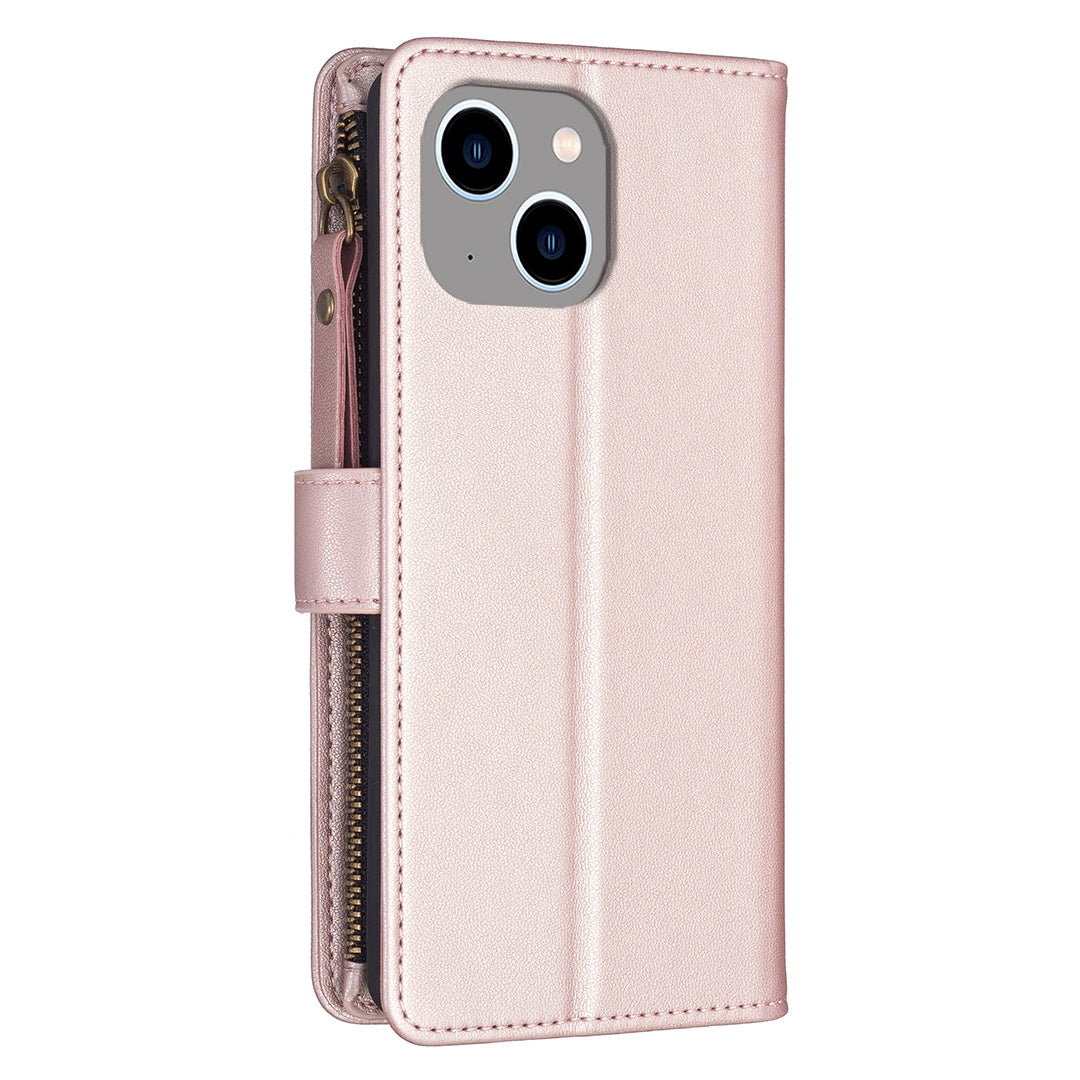 iPhone 15 Plus Leather Flip Phone Case with 9 Card Slots, Zipper Wallet & Detachable Wristlet Strap