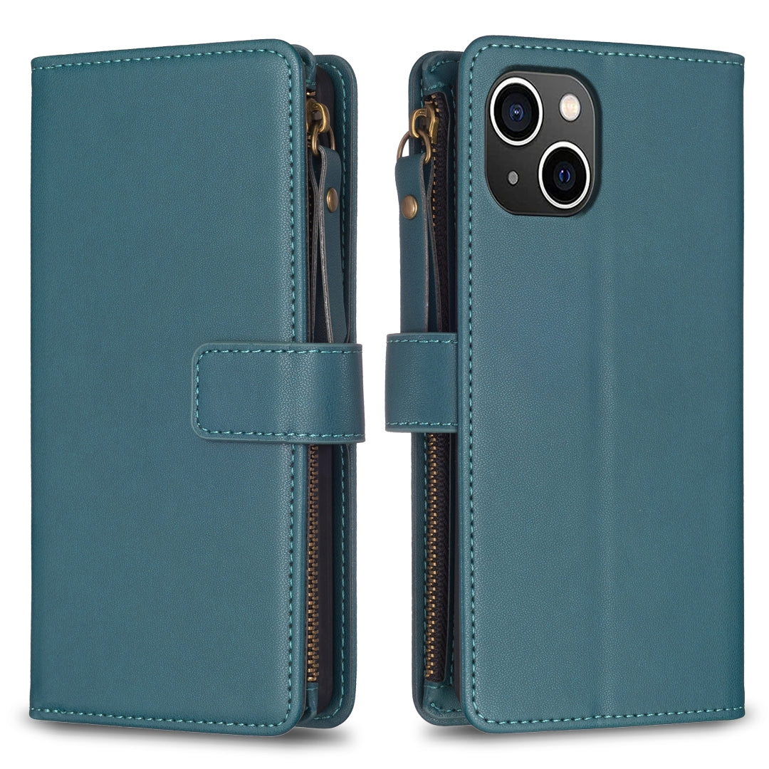 iPhone 15 Leather Flip Phone Case with 9 Card Slots, Zipper Wallet & Detachable Wristlet Strap