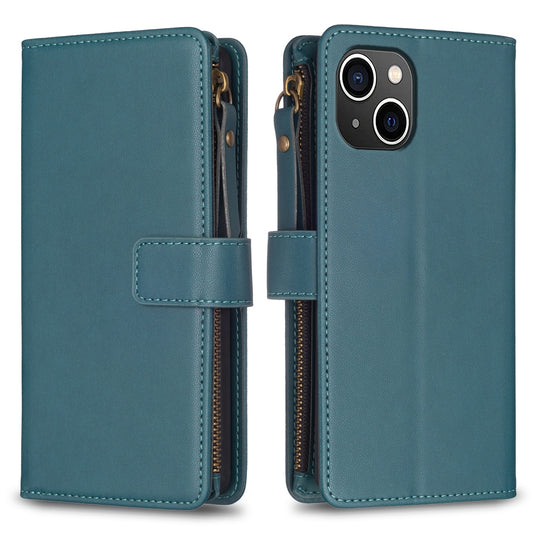 iPhone 15 Leather Flip Phone Case with 9 Card Slots, Zipper Wallet & Detachable Wristlet Strap