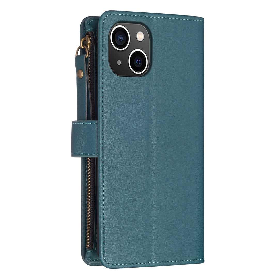 iPhone 15 Leather Flip Phone Case with 9 Card Slots, Zipper Wallet & Detachable Wristlet Strap
