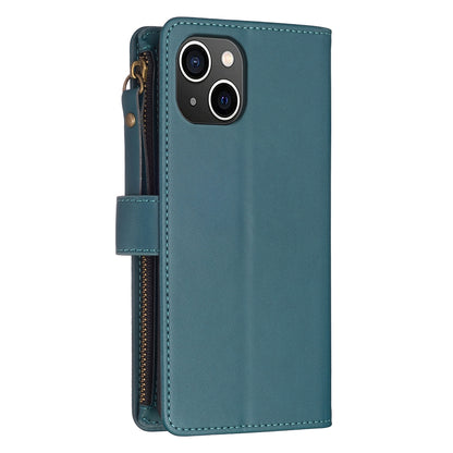 iPhone 15 Leather Flip Phone Case with 9 Card Slots, Zipper Wallet & Detachable Wristlet Strap
