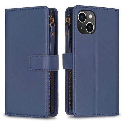 iPhone 15 Leather Flip Phone Case with 9 Card Slots, Zipper Wallet & Detachable Wristlet Strap