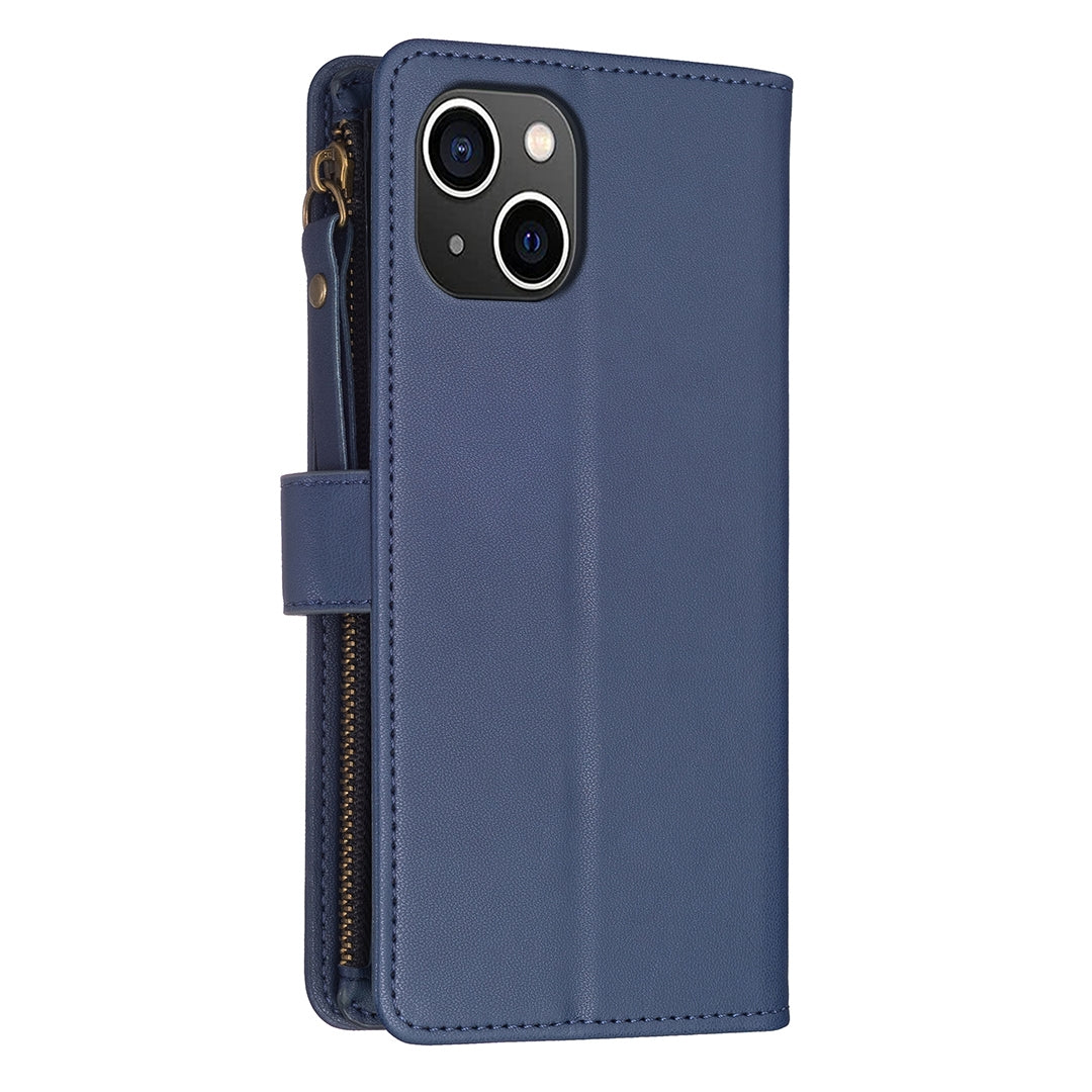 iPhone 15 Leather Flip Phone Case with 9 Card Slots, Zipper Wallet & Detachable Wristlet Strap