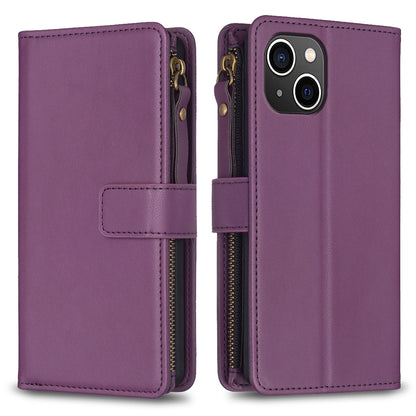 iPhone 15 Leather Flip Phone Case with 9 Card Slots, Zipper Wallet & Detachable Wristlet Strap