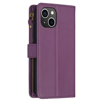 iPhone 15 Leather Flip Phone Case with 9 Card Slots, Zipper Wallet & Detachable Wristlet Strap