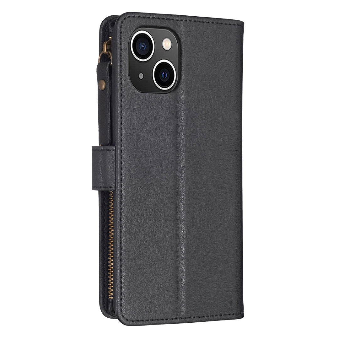 iPhone 15 Leather Flip Phone Case with 9 Card Slots, Zipper Wallet & Detachable Wristlet Strap