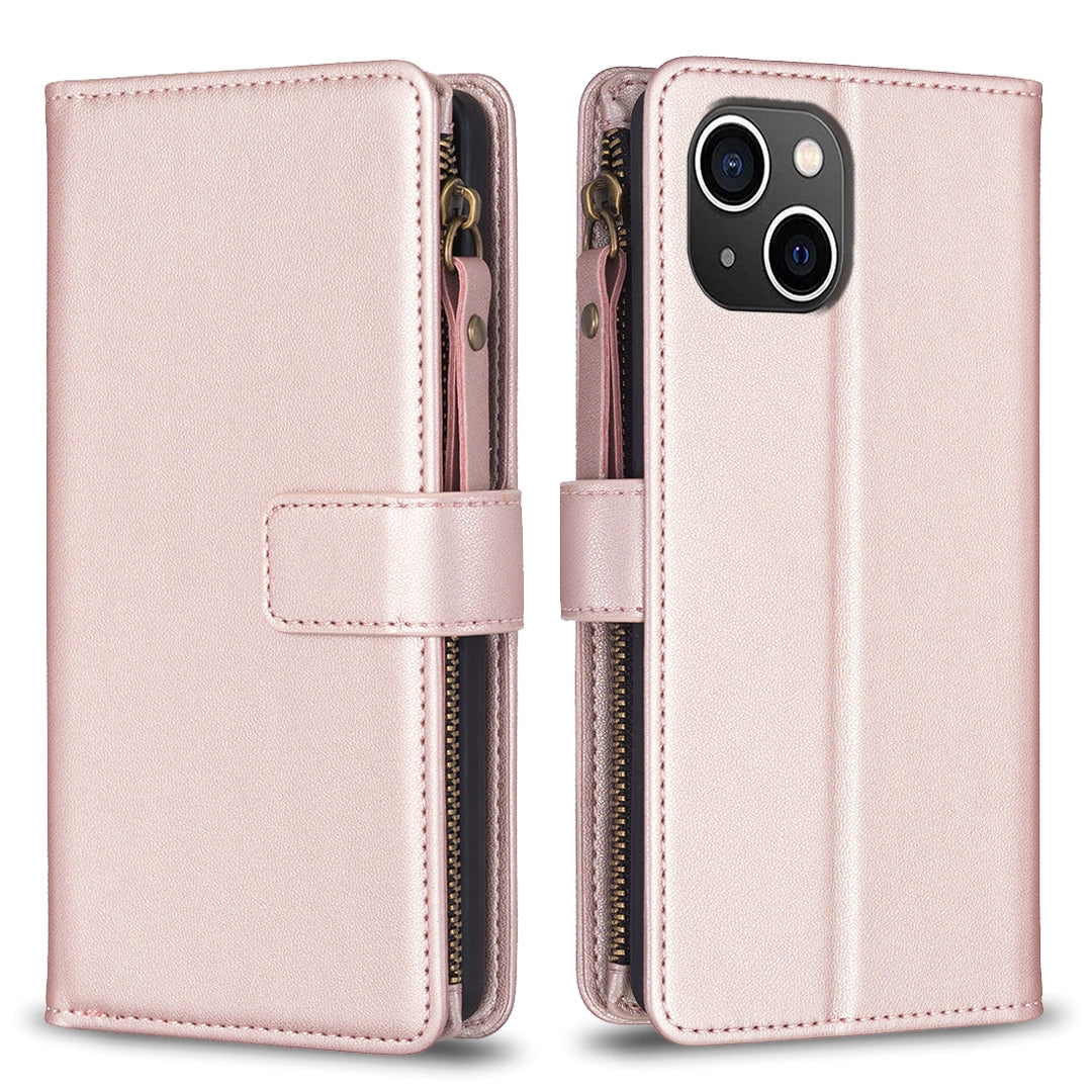 iPhone 15 Leather Flip Phone Case with 9 Card Slots, Zipper Wallet & Detachable Wristlet Strap