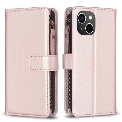 iPhone 15 Leather Flip Phone Case with 9 Card Slots, Zipper Wallet & Detachable Wristlet Strap
