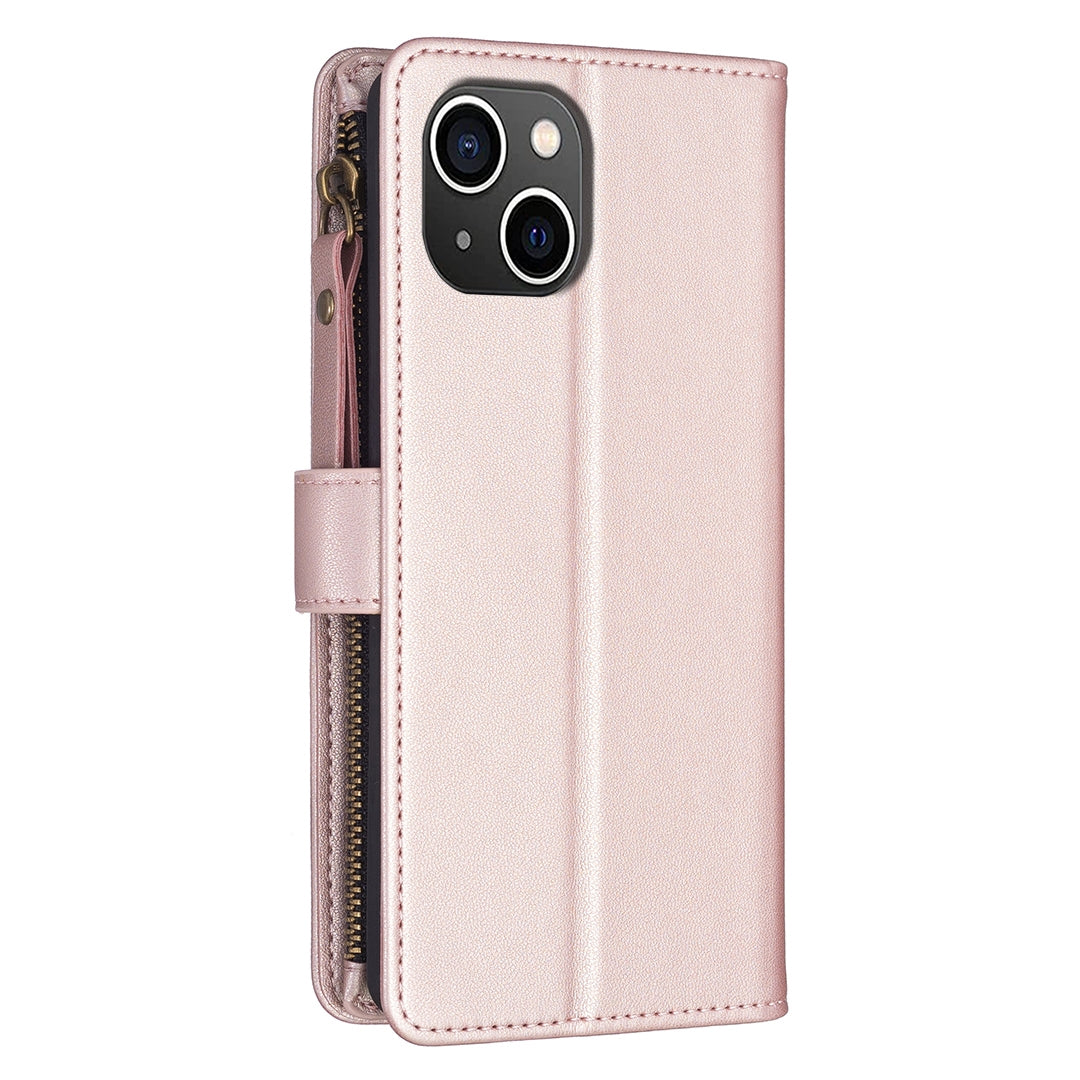 iPhone 15 Leather Flip Phone Case with 9 Card Slots, Zipper Wallet & Detachable Wristlet Strap