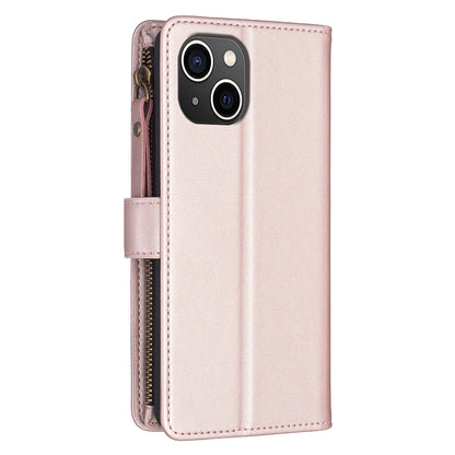 iPhone 15 Leather Flip Phone Case with 9 Card Slots, Zipper Wallet & Detachable Wristlet Strap