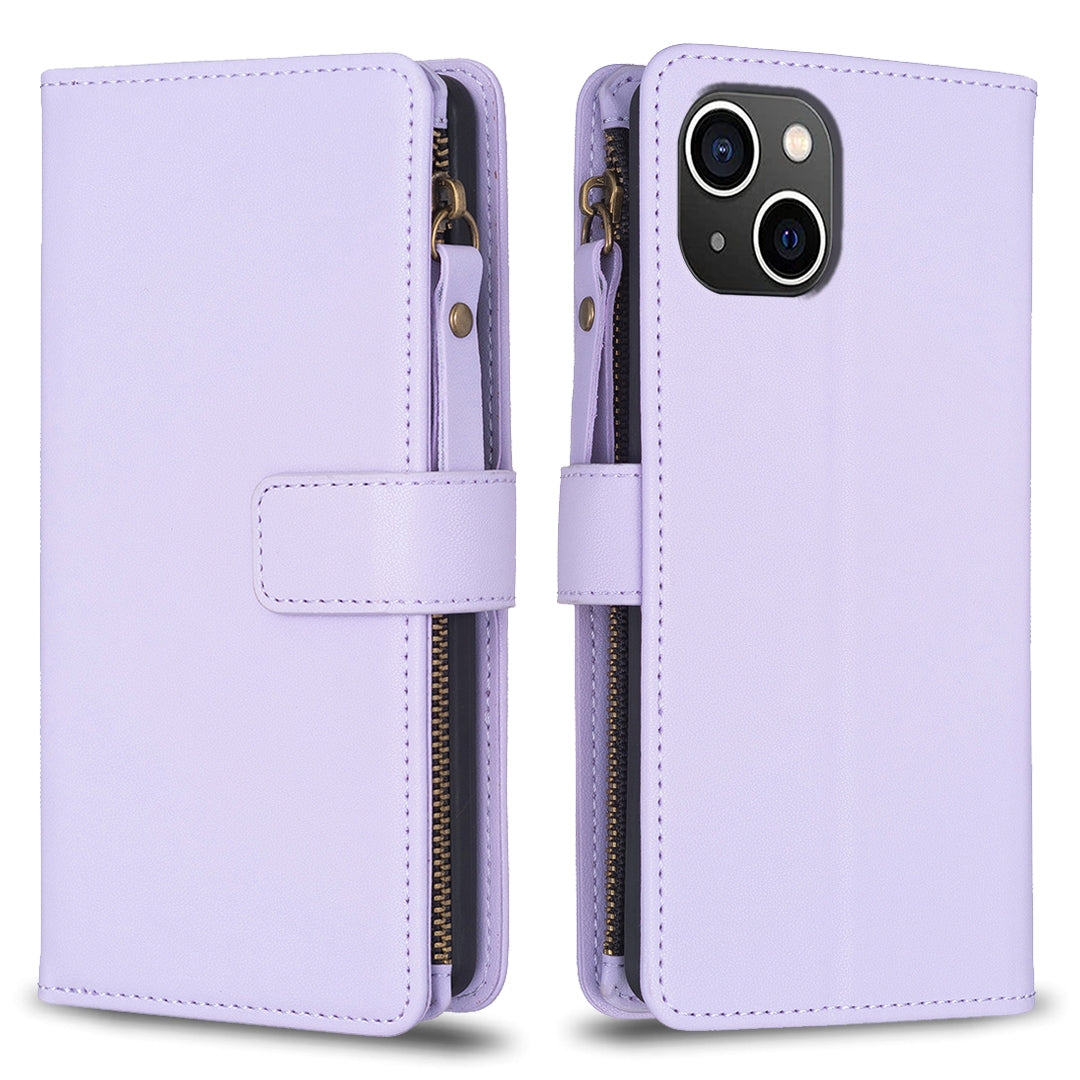 iPhone 15 Leather Flip Phone Case with 9 Card Slots, Zipper Wallet & Detachable Wristlet Strap