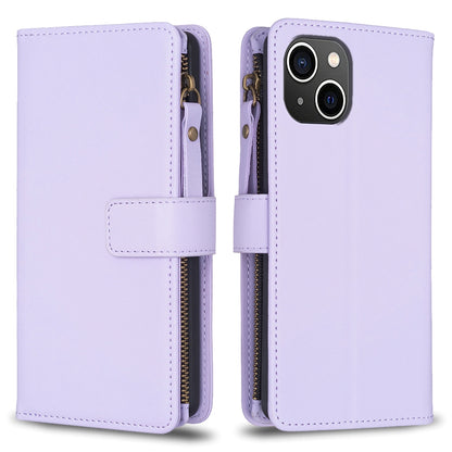 iPhone 15 Leather Flip Phone Case with 9 Card Slots, Zipper Wallet & Detachable Wristlet Strap