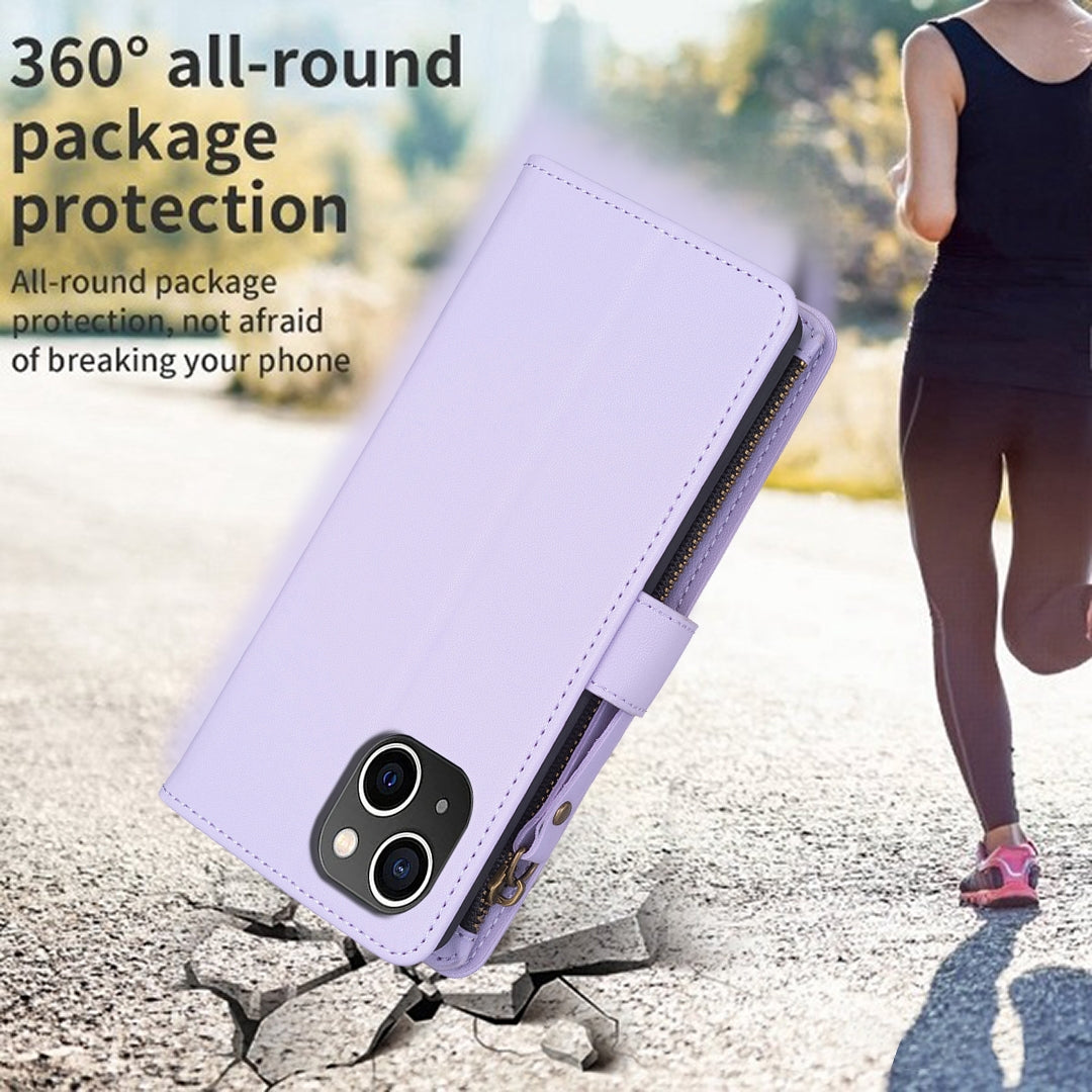 iPhone 15 Leather Flip Phone Case with 9 Card Slots, Zipper Wallet & Detachable Wristlet Strap