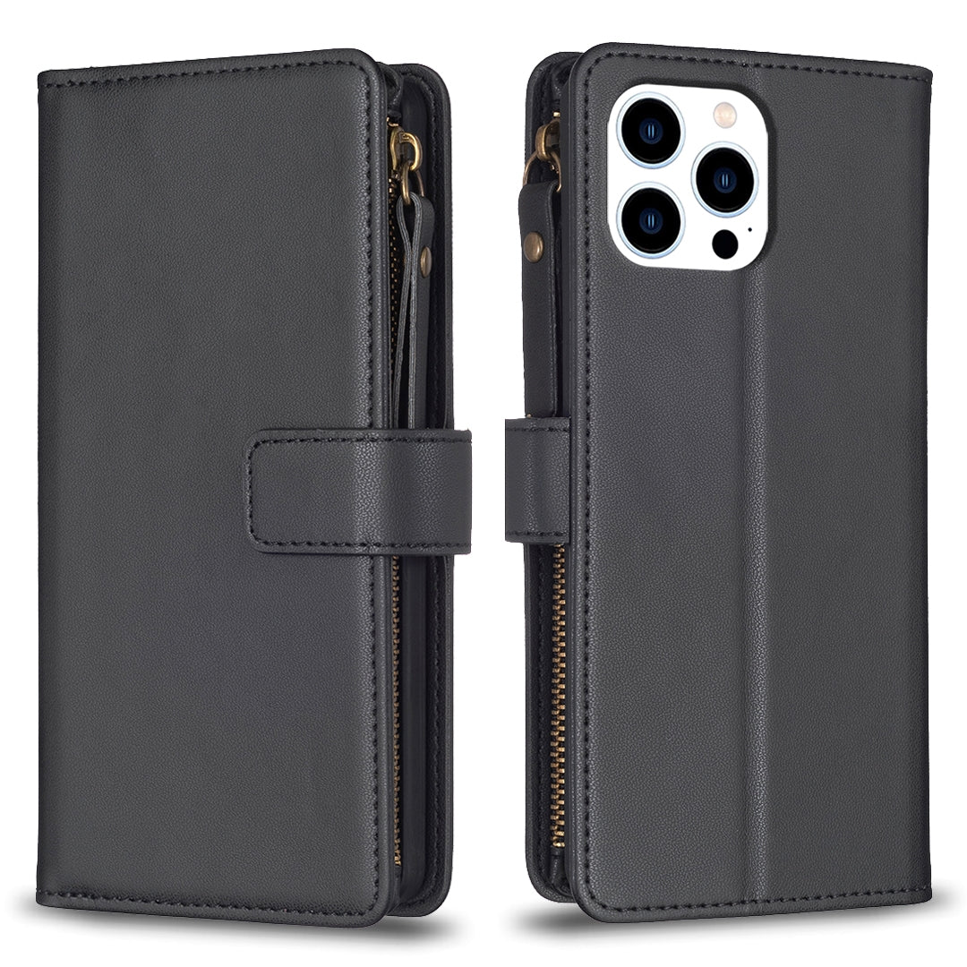 iPhone 16 Pro Max Leather Flip Phone Case with 9 Card Slots, Zipper Wallet & Detachable Wristlet Strap