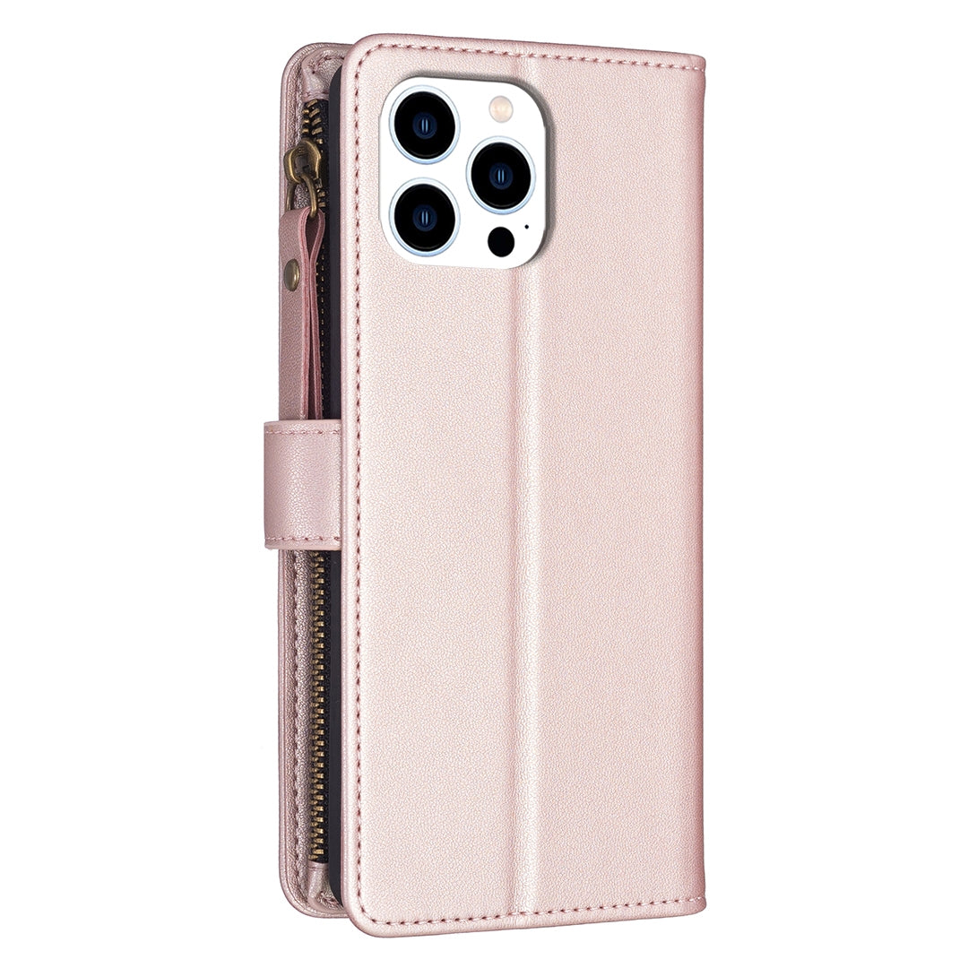 iPhone 16 Pro Max Leather Flip Phone Case with 9 Card Slots, Zipper Wallet & Detachable Wristlet Strap