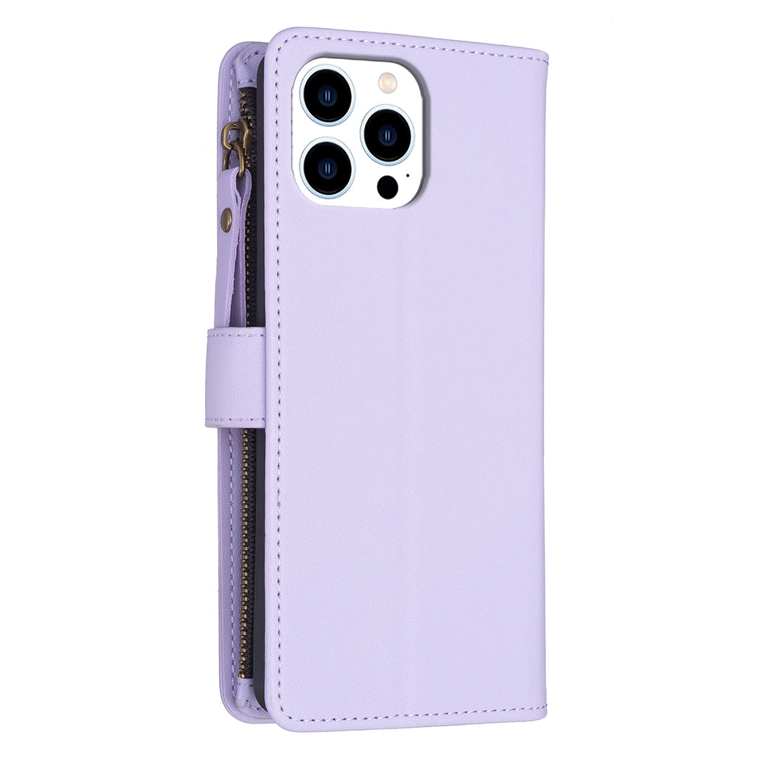iPhone 16 Pro Max Leather Flip Phone Case with 9 Card Slots, Zipper Wallet & Detachable Wristlet Strap