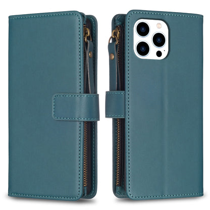 iPhone 16 Pro Leather Flip Phone Case with 9 Card Slots, Zipper Wallet & Detachable Wristlet Strap
