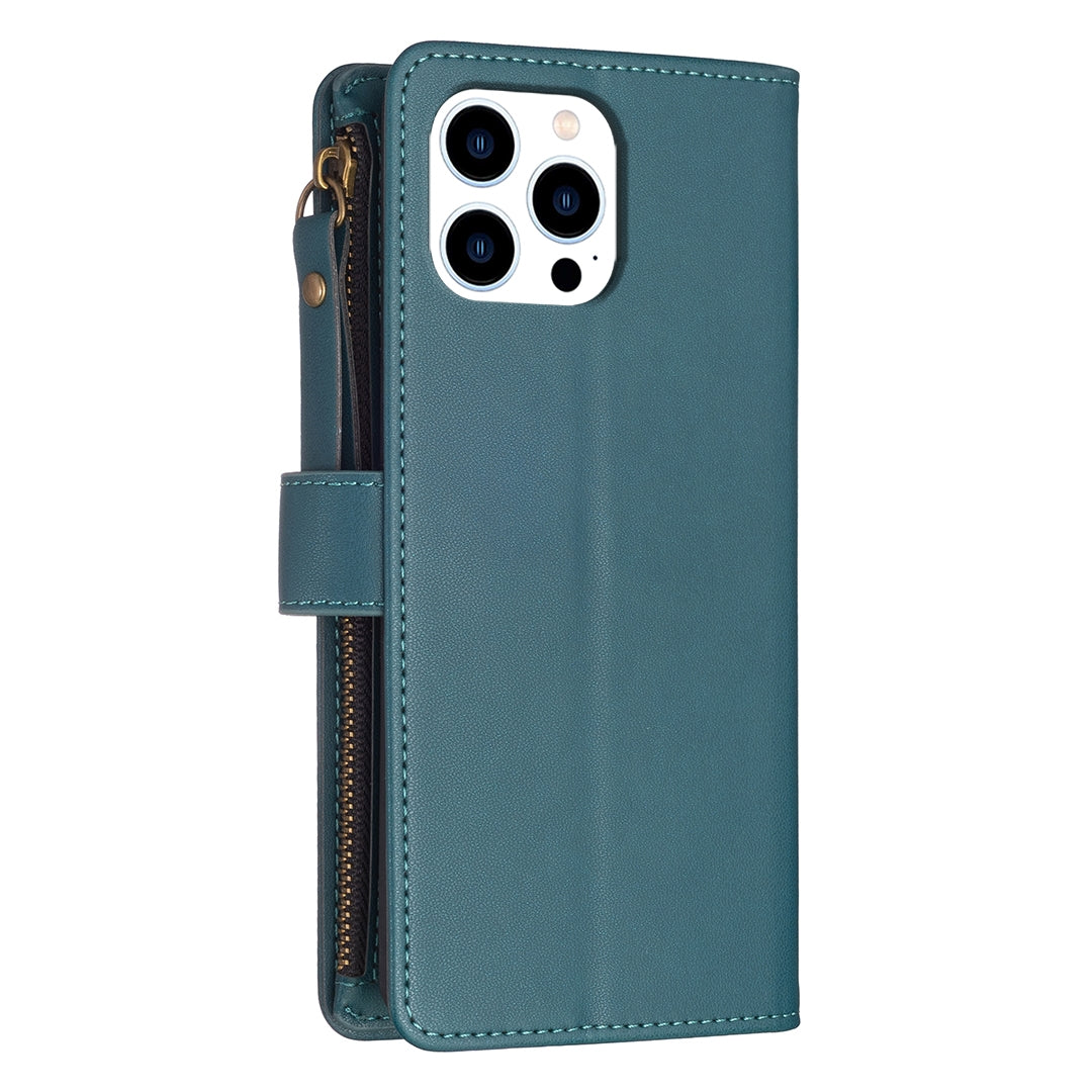 iPhone 16 Pro Leather Flip Phone Case with 9 Card Slots, Zipper Wallet & Detachable Wristlet Strap