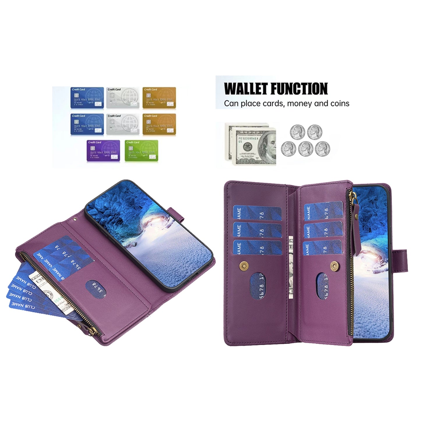 iPhone 16 Pro Leather Flip Phone Case with 9 Card Slots, Zipper Wallet & Detachable Wristlet Strap