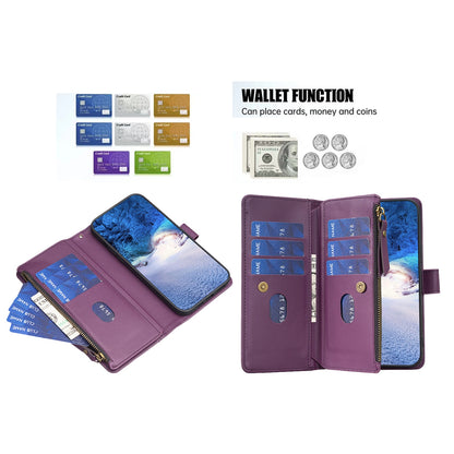 iPhone 16 Pro Leather Flip Phone Case with 9 Card Slots, Zipper Wallet & Detachable Wristlet Strap