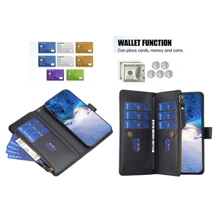 iPhone 16 Pro Leather Flip Phone Case with 9 Card Slots, Zipper Wallet & Detachable Wristlet Strap