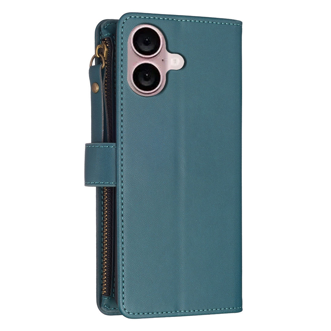 iPhone 16 Plus Leather Flip Phone Case with 9 Card Slots, Zipper Wallet & Detachable Wristlet Strap