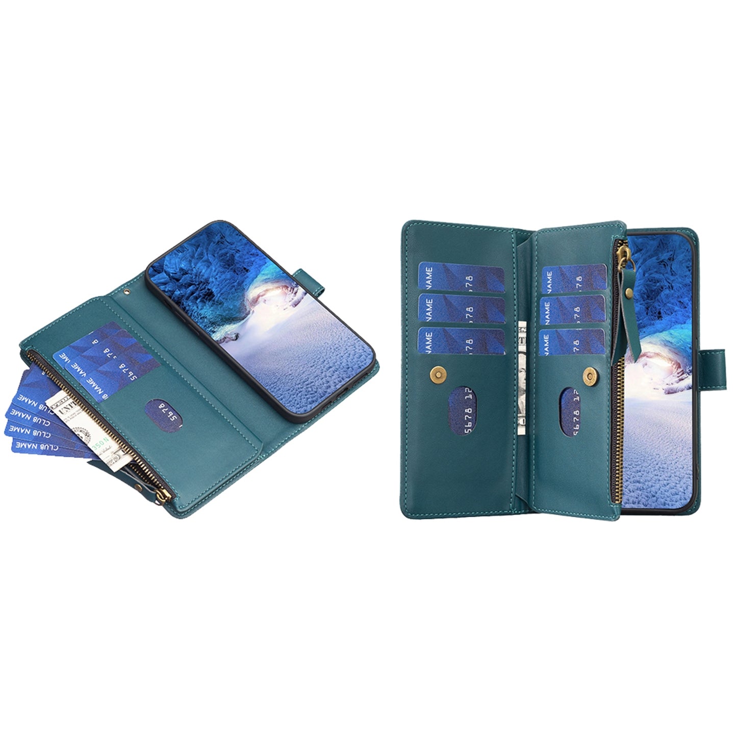 iPhone 16 Plus Leather Flip Phone Case with 9 Card Slots, Zipper Wallet & Detachable Wristlet Strap