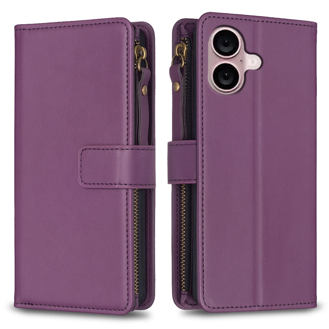 iPhone 16 Plus Leather Flip Phone Case with 9 Card Slots, Zipper Wallet & Detachable Wristlet Strap