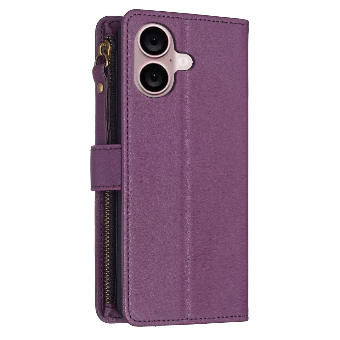 iPhone 16 Plus Leather Flip Phone Case with 9 Card Slots, Zipper Wallet & Detachable Wristlet Strap