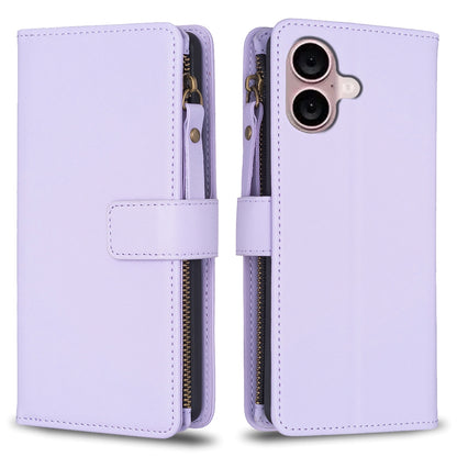 iPhone 16 Plus Leather Flip Phone Case with 9 Card Slots, Zipper Wallet & Detachable Wristlet Strap