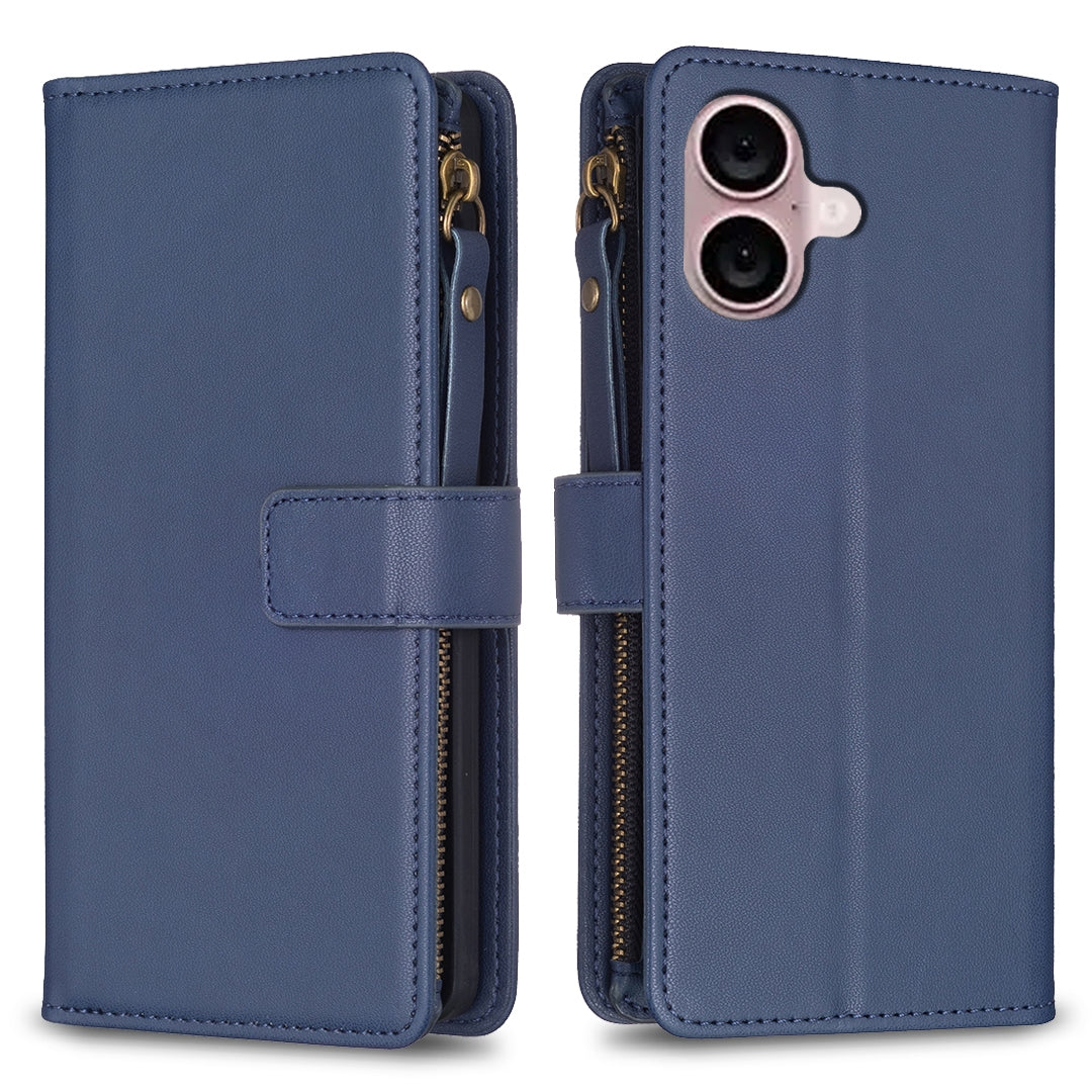 iPhone 16 Leather Flip Phone Case with 9 Card Slots, Zipper Wallet & Detachable Wristlet Strap