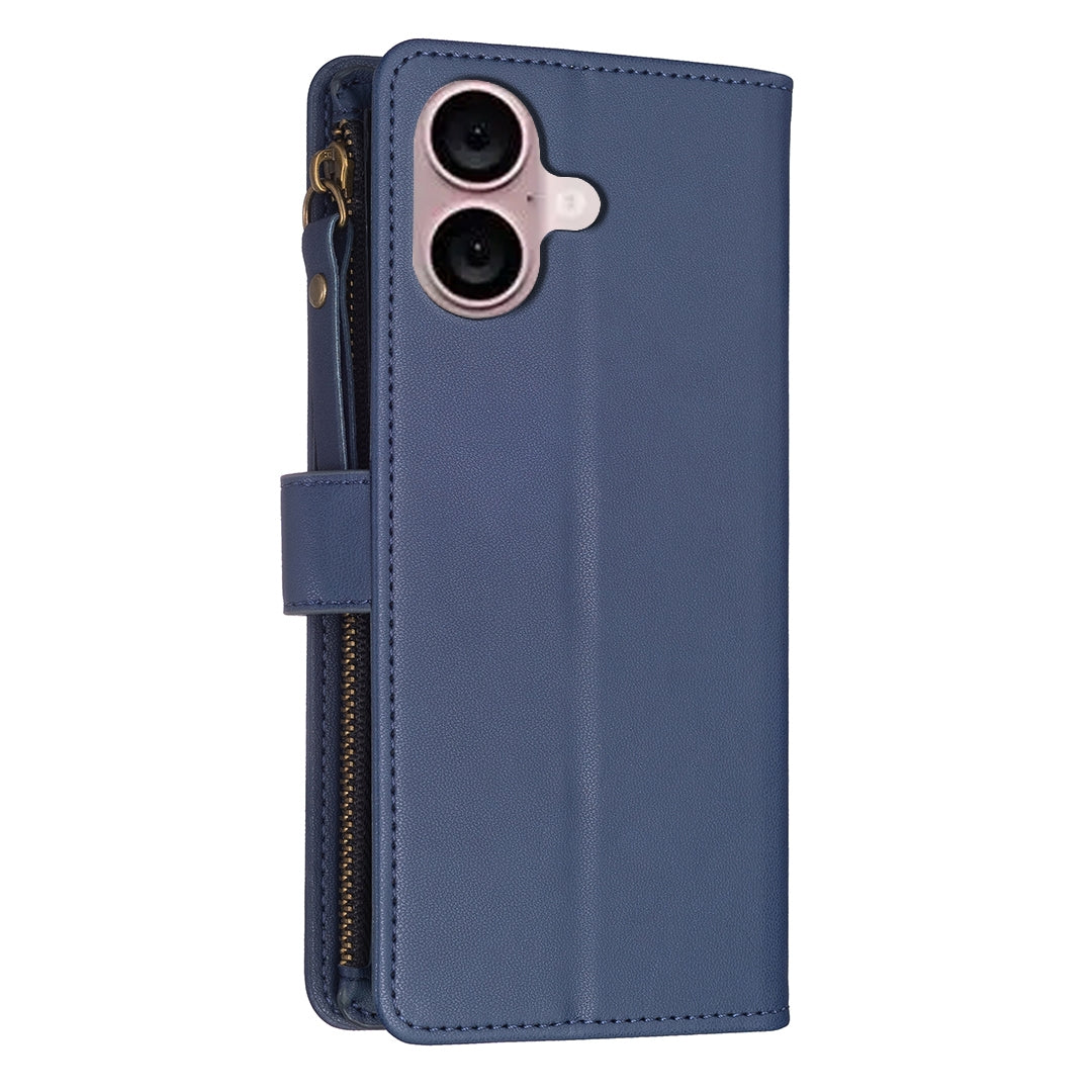 iPhone 16 Leather Flip Phone Case with 9 Card Slots, Zipper Wallet & Detachable Wristlet Strap