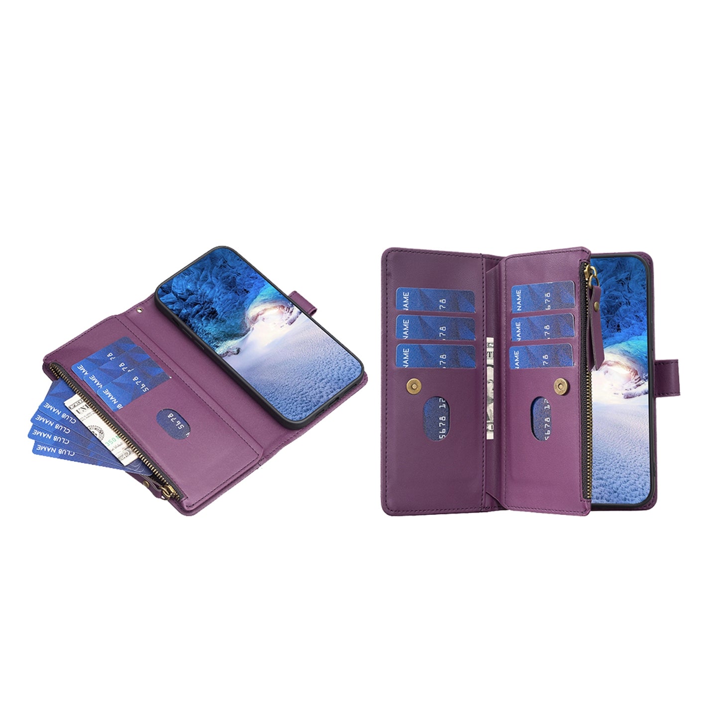 iPhone 16 Leather Flip Phone Case with 9 Card Slots, Zipper Wallet & Detachable Wristlet Strap
