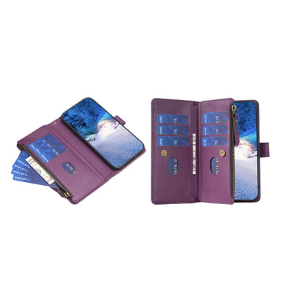 iPhone 16 Leather Flip Phone Case with 9 Card Slots, Zipper Wallet & Detachable Wristlet Strap