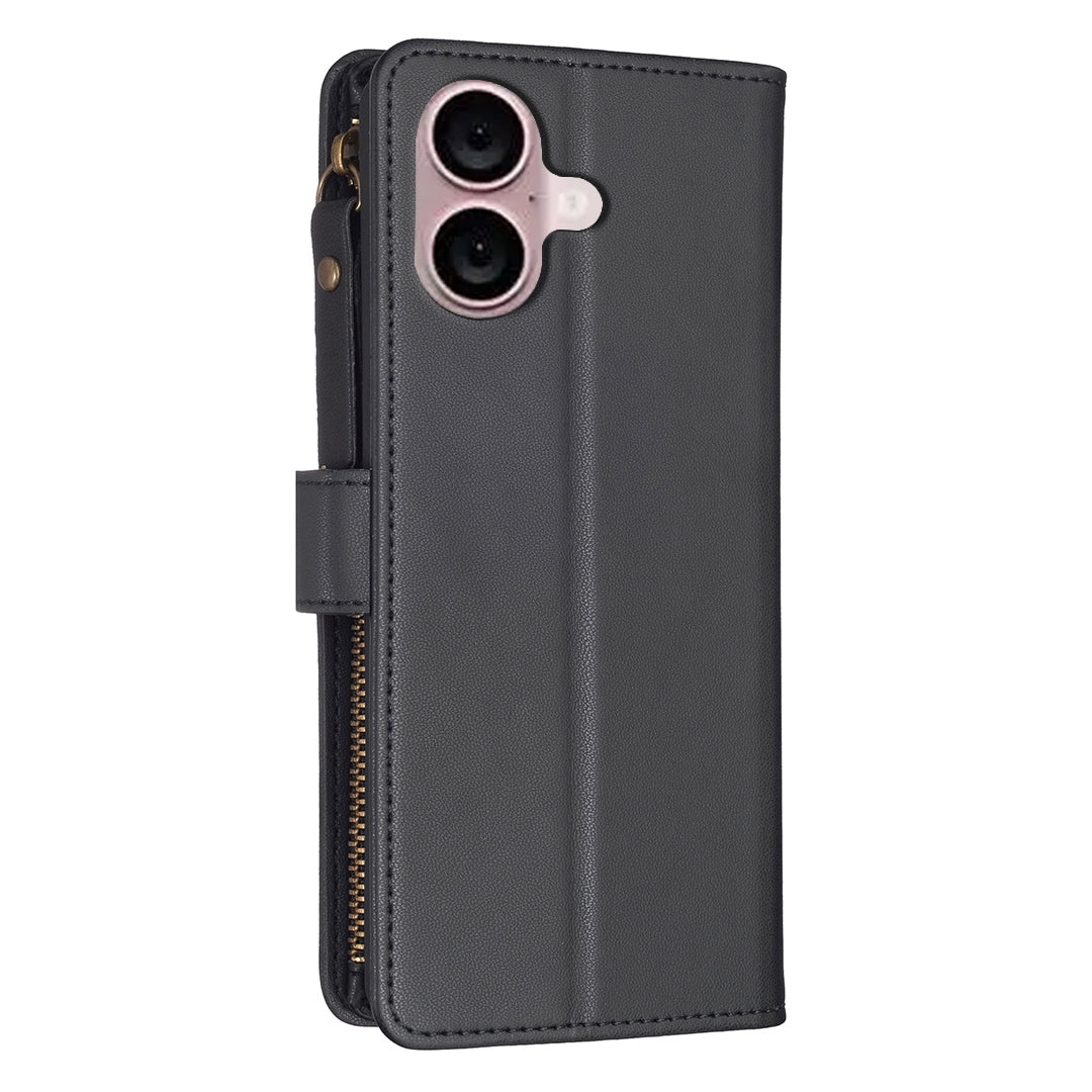 iPhone 16 Leather Flip Phone Case with 9 Card Slots, Zipper Wallet & Detachable Wristlet Strap