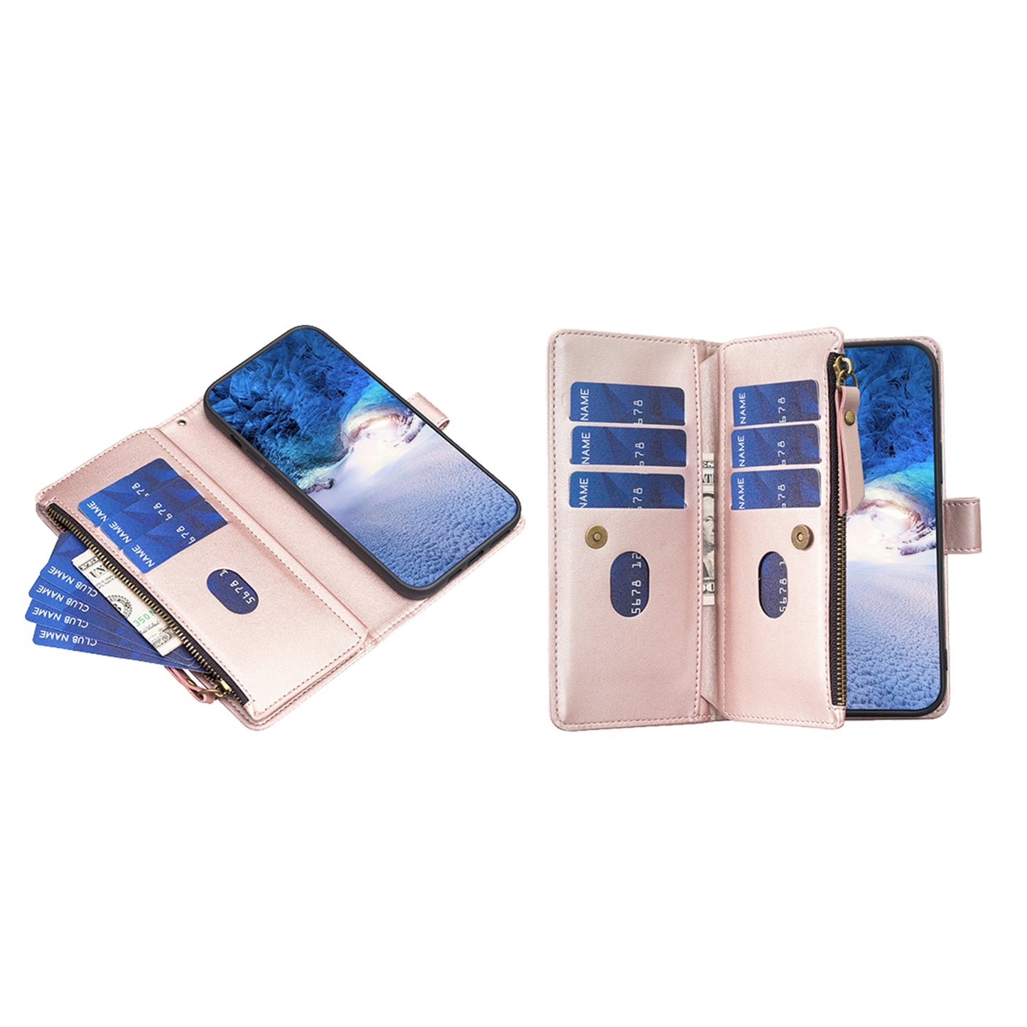 iPhone 16 Leather Flip Phone Case with 9 Card Slots, Zipper Wallet & Detachable Wristlet Strap