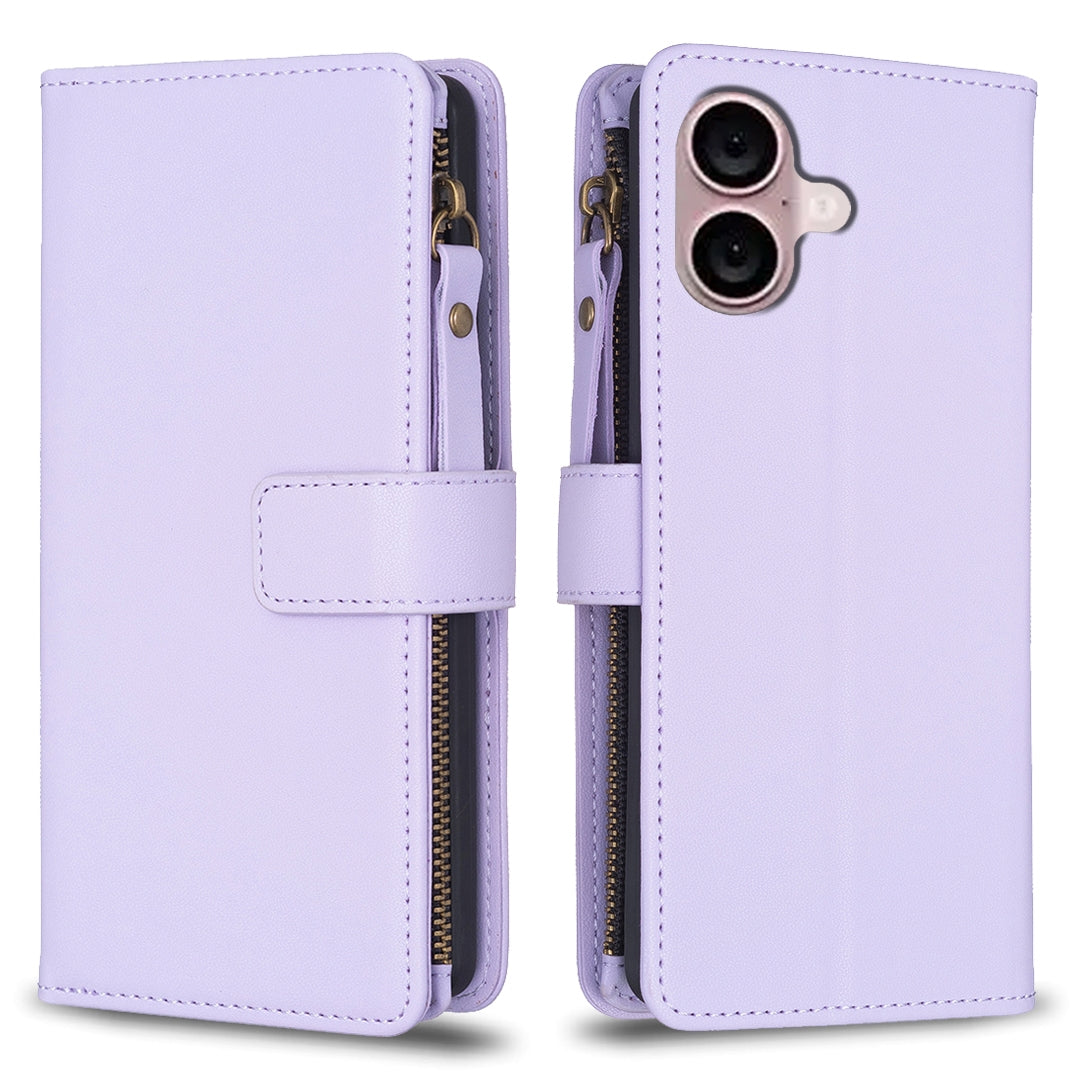 iPhone 16 Leather Flip Phone Case with 9 Card Slots, Zipper Wallet & Detachable Wristlet Strap