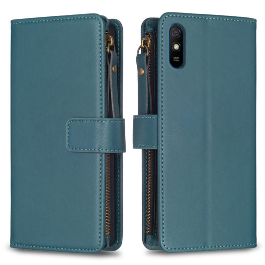Xiaomi Redmi 9A Leather Flip Phone Case with 9 Card Slots, Zipper Wallet & Detachable Wristlet Strap