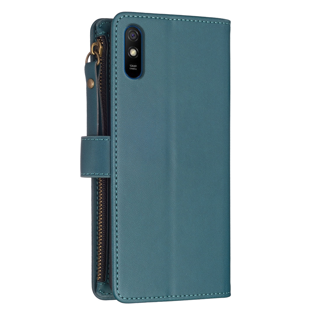 Xiaomi Redmi 9A Leather Flip Phone Case with 9 Card Slots, Zipper Wallet & Detachable Wristlet Strap